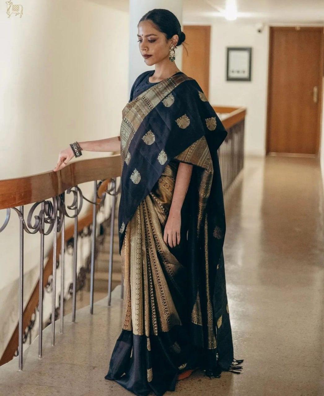 Ornate Black Soft Silk Saree - Ibis Fab