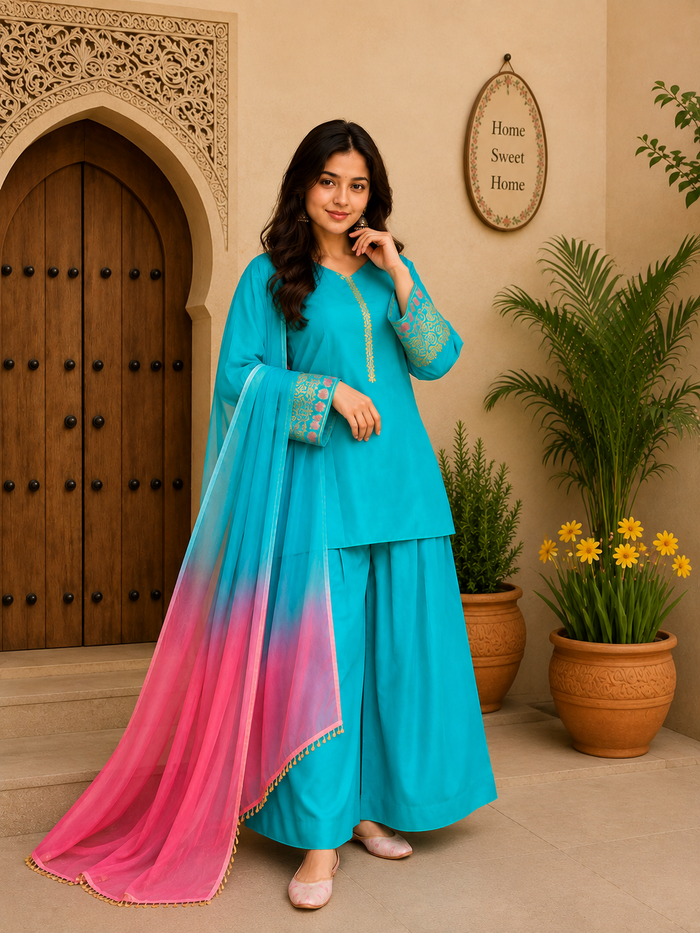 Sky Blue Embroidered Kurta Pant Set