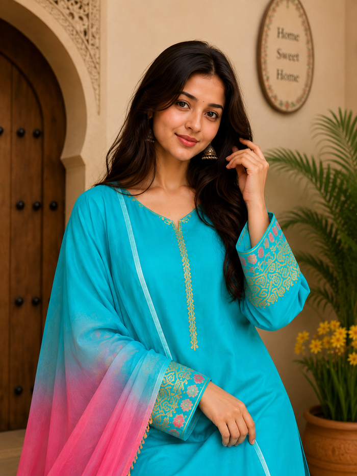 Sky Blue Embroidered Kurta Pant Set