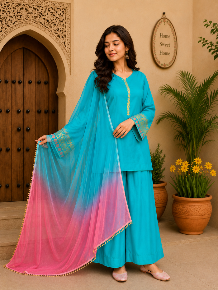 Sky Blue Embroidered Kurta Pant Set