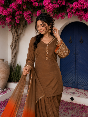 Brown Embroidered Kurta Pant Set