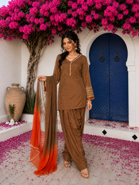 Brown Embroidered Kurta Pant Set