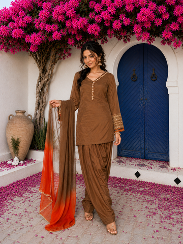 Brown Embroidered Kurta Pant Set