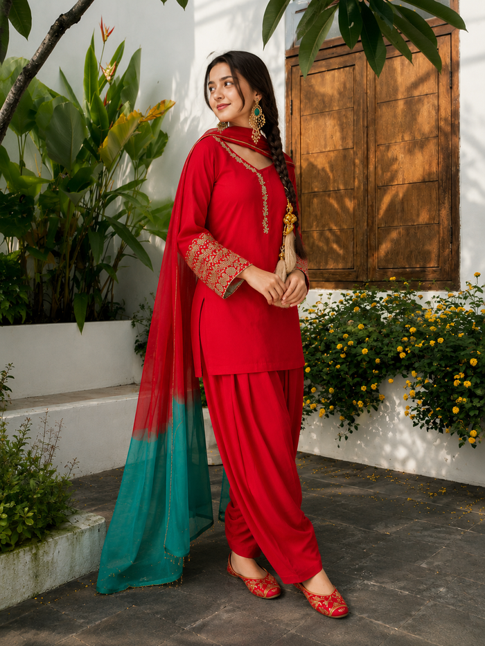 Red Embroidered Kurta Pant Set
