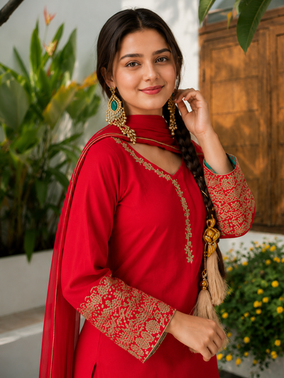Red Embroidered Kurta Pant Set