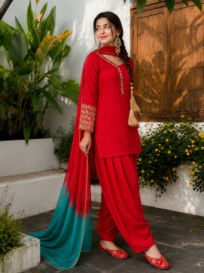 Red Embroidered Kurta Pant Set