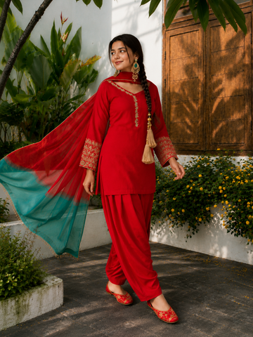 Red Embroidered Kurta Pant Set