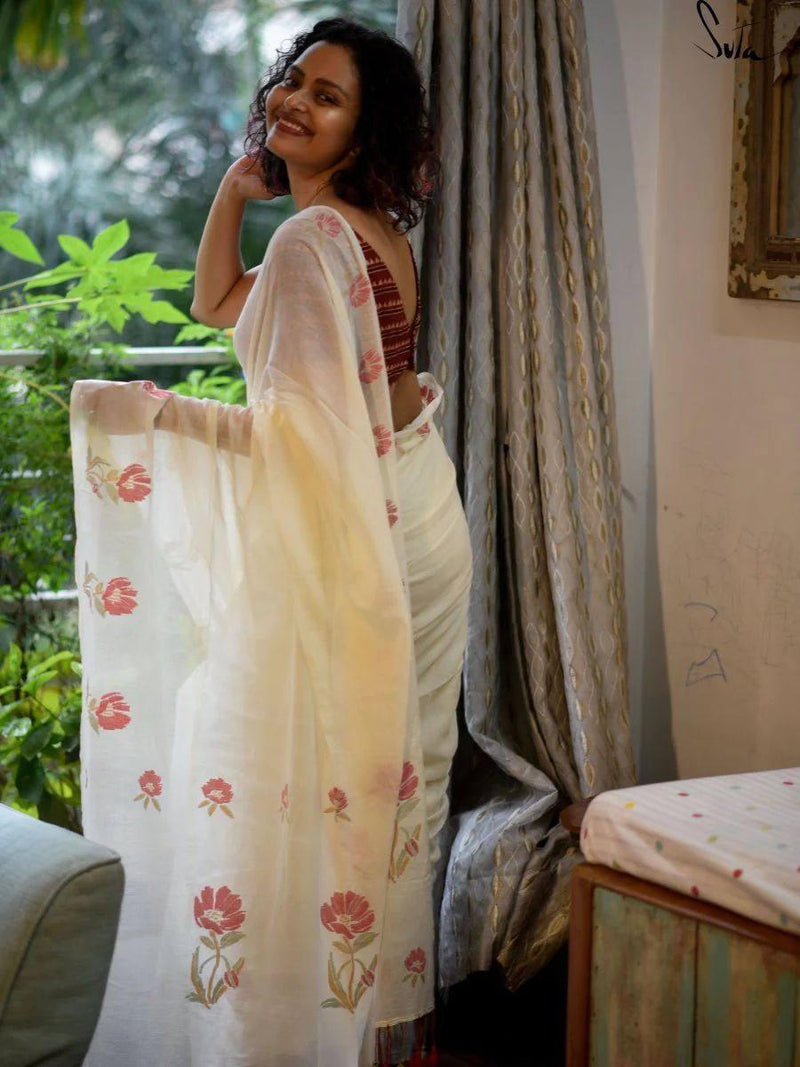 Party were Bollywood Stylish Off White Linen Saree - Ibis Fab
