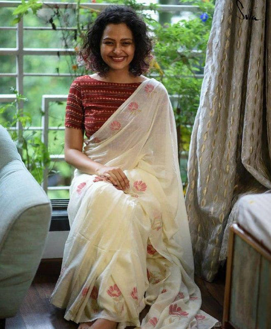 Party were Bollywood Stylish Off White Linen Saree - Ibis Fab