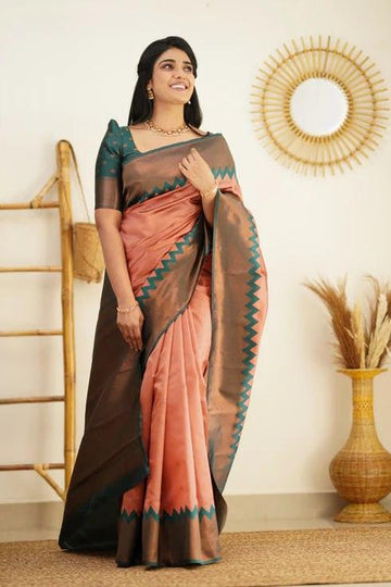 Peach Jacquard Work Soft Lichi Silk Saree