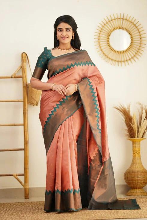 Peach Jacquard Work Soft Lichi Silk Saree