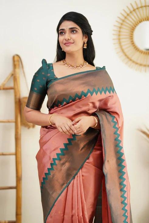 Peach Jacquard Work Soft Lichi Silk Saree