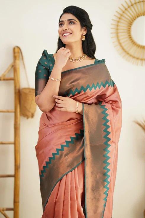 Peach Jacquard Work Soft Lichi Silk Saree