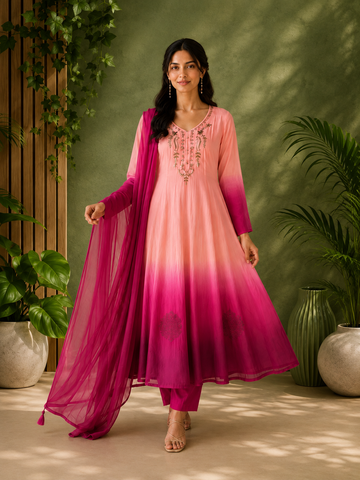 Pink & Magenta Embroidered Anarkali Suit Set