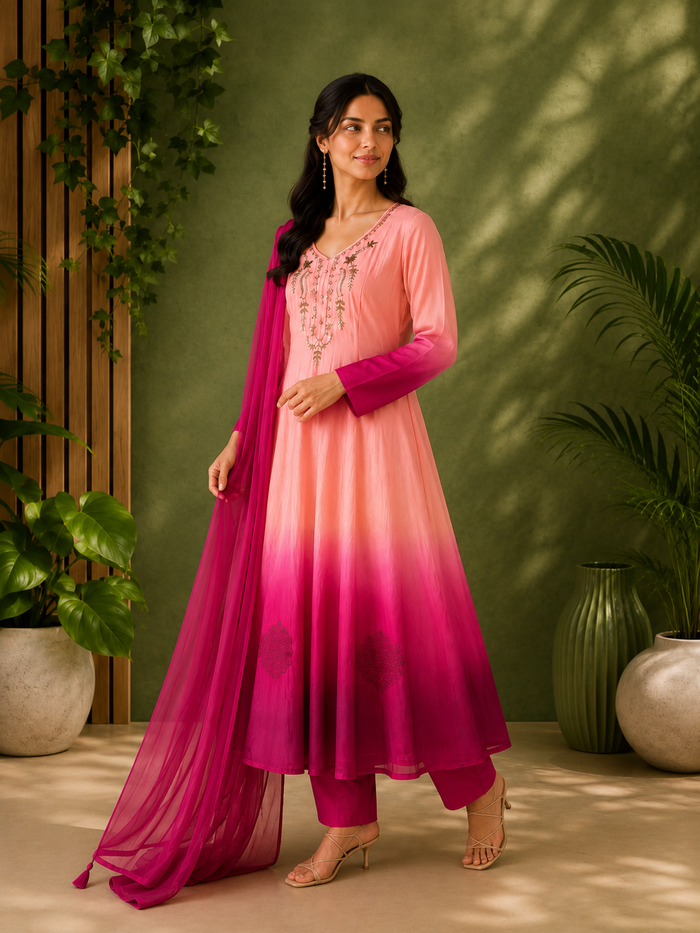 Pink & Magenta Embroidered Anarkali Suit Set