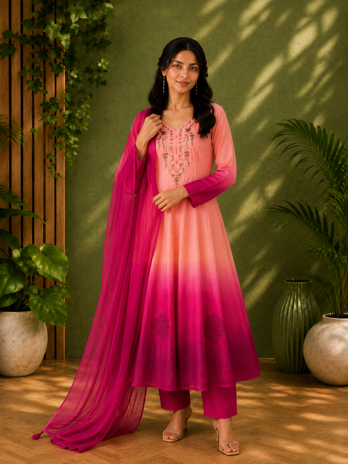 Pink & Magenta Embroidered Anarkali Suit Set