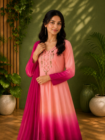 Pink & Magenta Embroidered Anarkali Suit Set