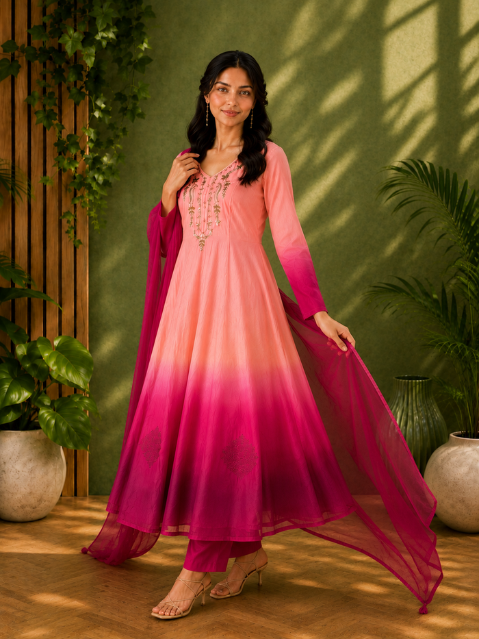 Pink & Magenta Embroidered Anarkali Suit Set