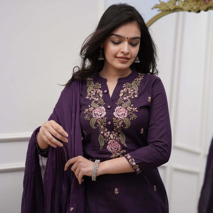 Purple Mul Cotton Suit Set with Viscose Embroidery & Dupatta