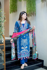 Navy Blue Muslin Suit with Embroidery and Printed Dupatta