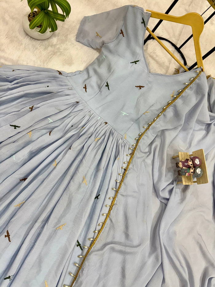 Sky Blue Chinon Embroidered Suit Set