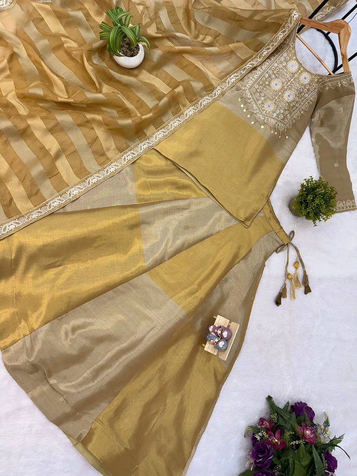 Golden Banarasi Viscose Embroidered Suit Set