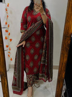 Red Mul Cotton Suit Adorned with Elegant Embroidery