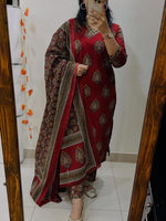 Red Mul Cotton Suit Adorned with Elegant Embroidery