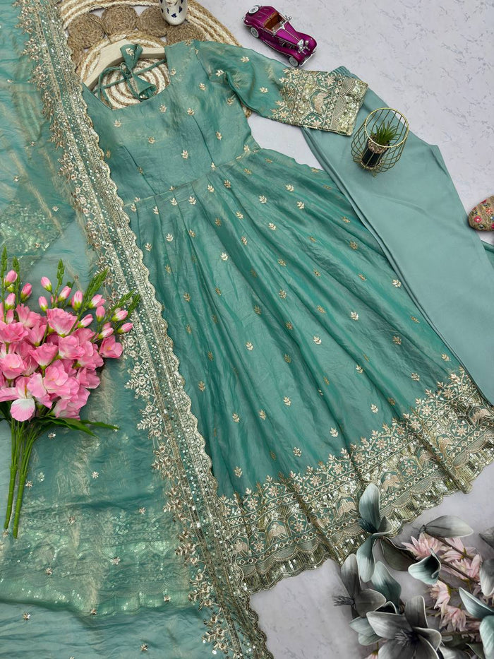Pistachio Mist Elegant Fandy Silk Anarkali Suit Set