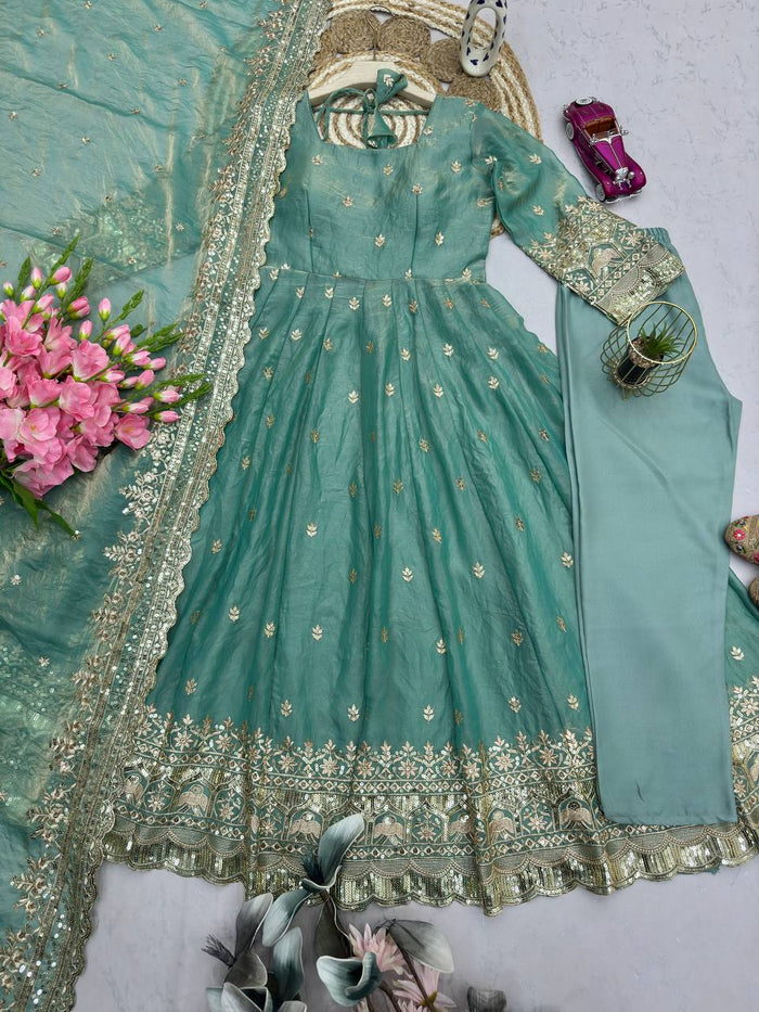 Pistachio Mist Elegant Fandy Silk Anarkali Suit Set
