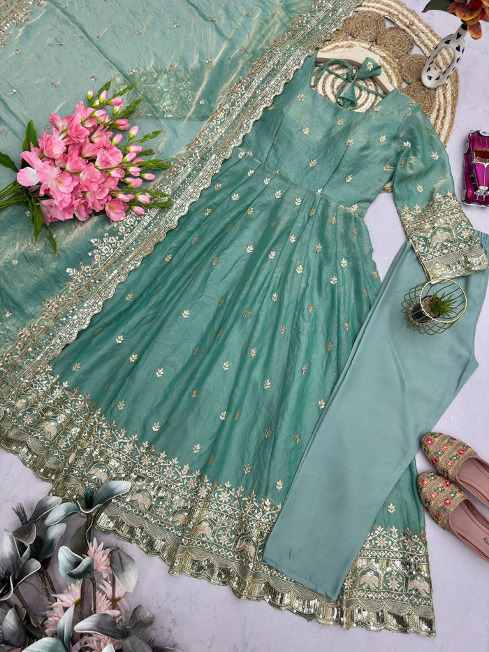 Pistachio Mist Elegant Fandy Silk Anarkali Suit Set
