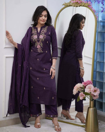 Purple Mul Cotton Suit Set with Viscose Embroidery & Dupatta