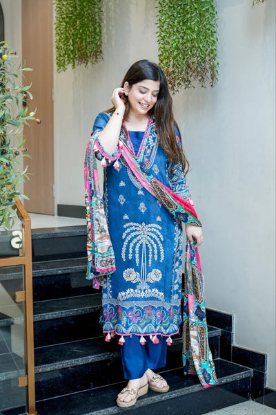 Navy Blue Muslin Suit with Embroidery and Printed Dupatta
