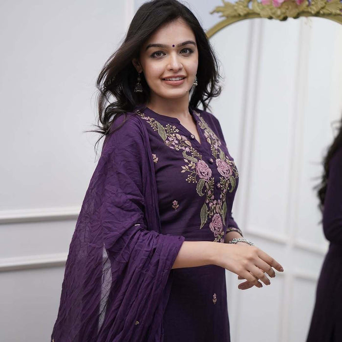 Purple Mul Cotton Suit Set with Viscose Embroidery & Dupatta