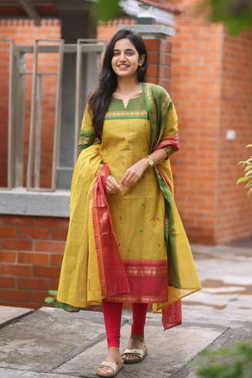 Mustard Pure Kanchi Cotton Suit Set with Jacquard Dupatta