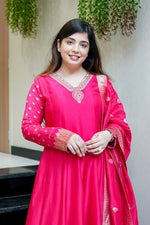 Rani Pink Banarasi Anarkali Suit – Handwork Neckline & Zari Flare
