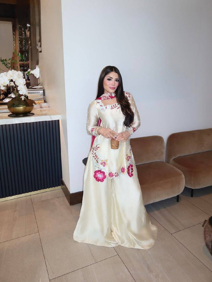 Ivory Embroidered Roman Glass Kurta Palazzo Set