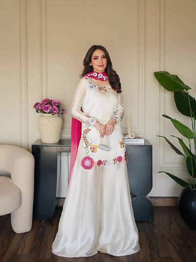 Ivory Embroidered Roman Glass Kurta Palazzo Set