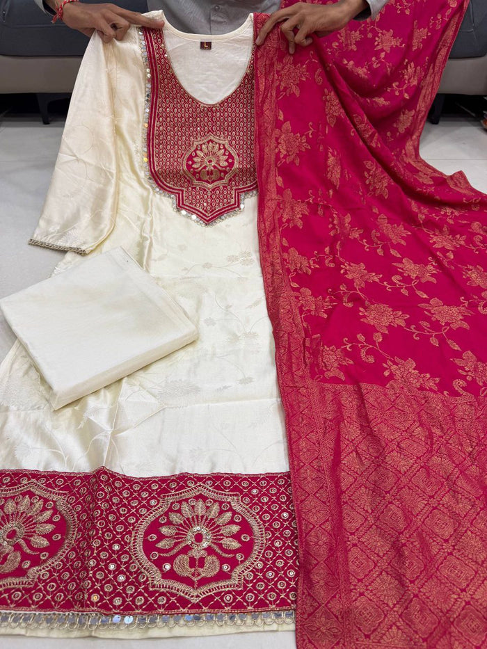 Premium Banarasi Jacquard Suit Set – Hand Zari Weaving & Embroidery