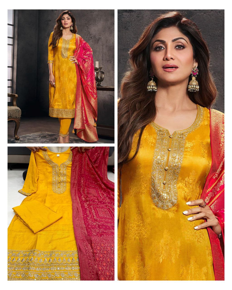 Haldi Designer Pure Banarasi Jacquard Weaving Suit Set with Dupatta