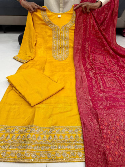 Haldi Designer Pure Banarasi Jacquard Weaving Suit Set with Dupatta