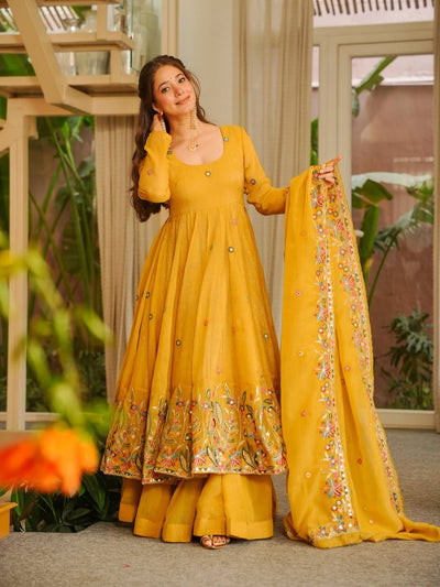 Yellow Crunchy Silk Anarkali Sharara Suit Set