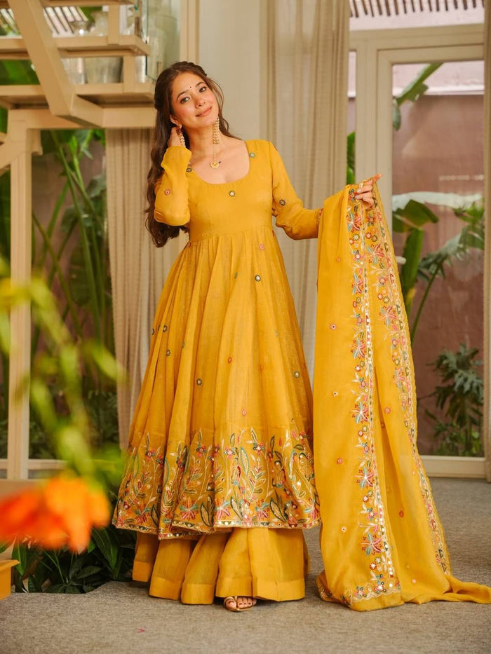 Yellow Crunchy Silk Anarkali Sharara Suit Set