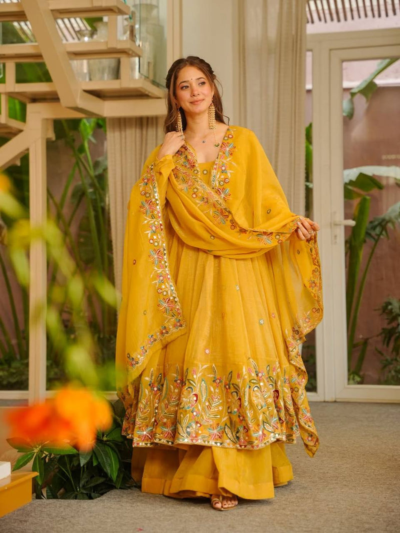 Yellow Crunchy Silk Anarkali Sharara Suit Set