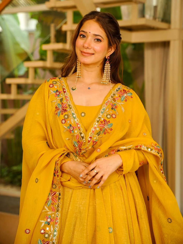 Yellow Crunchy Silk Anarkali Sharara Suit Set