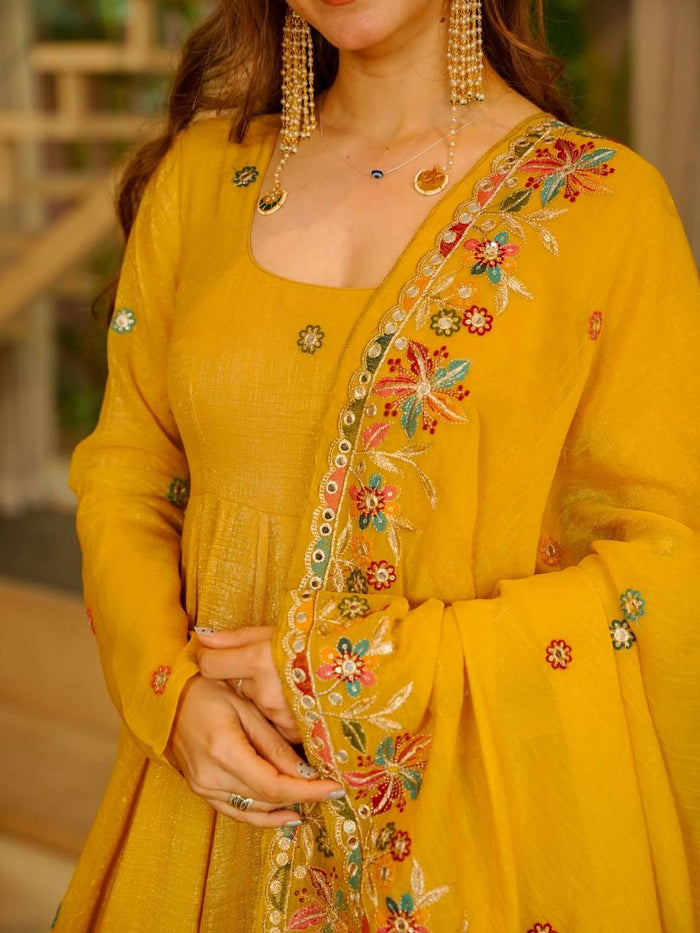 Yellow Crunchy Silk Anarkali Sharara Suit Set