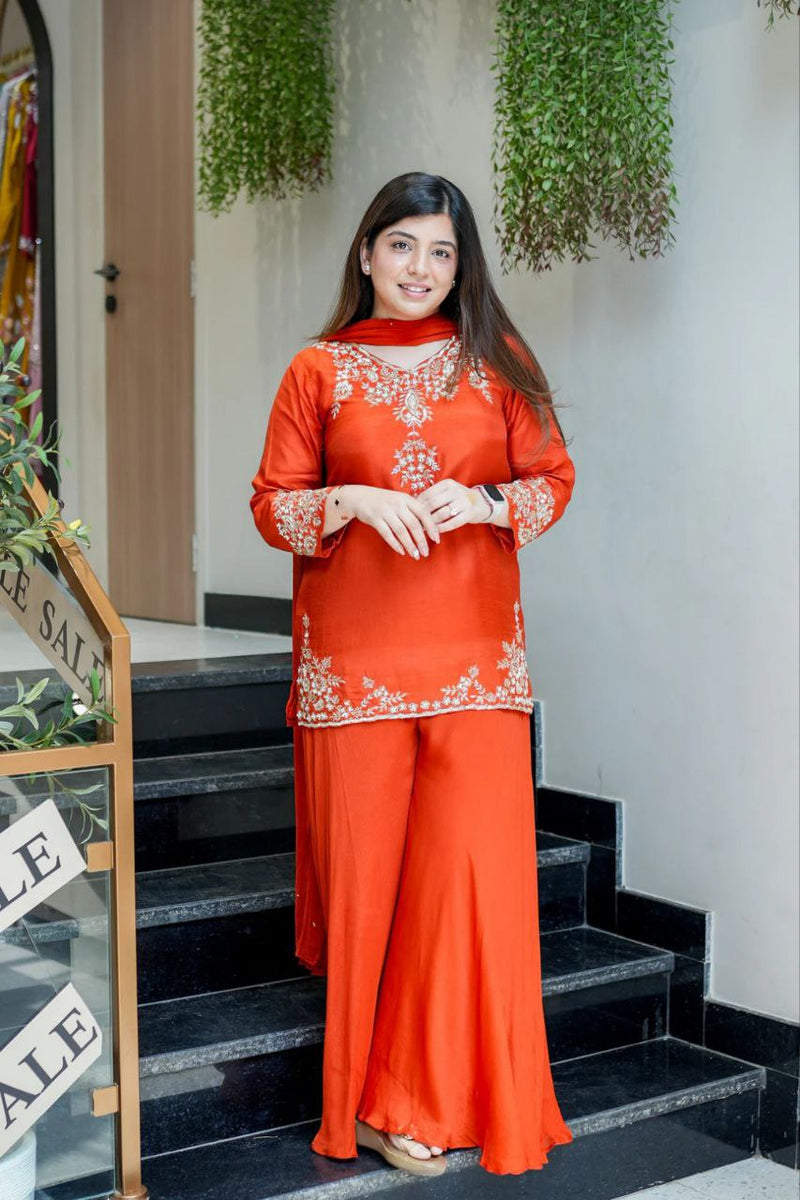 Elegant Sunset Orange Mul Chanderi Handcrafted Suit Set