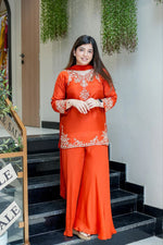 Elegant Sunset Orange Mul Chanderi Handcrafted Suit Set