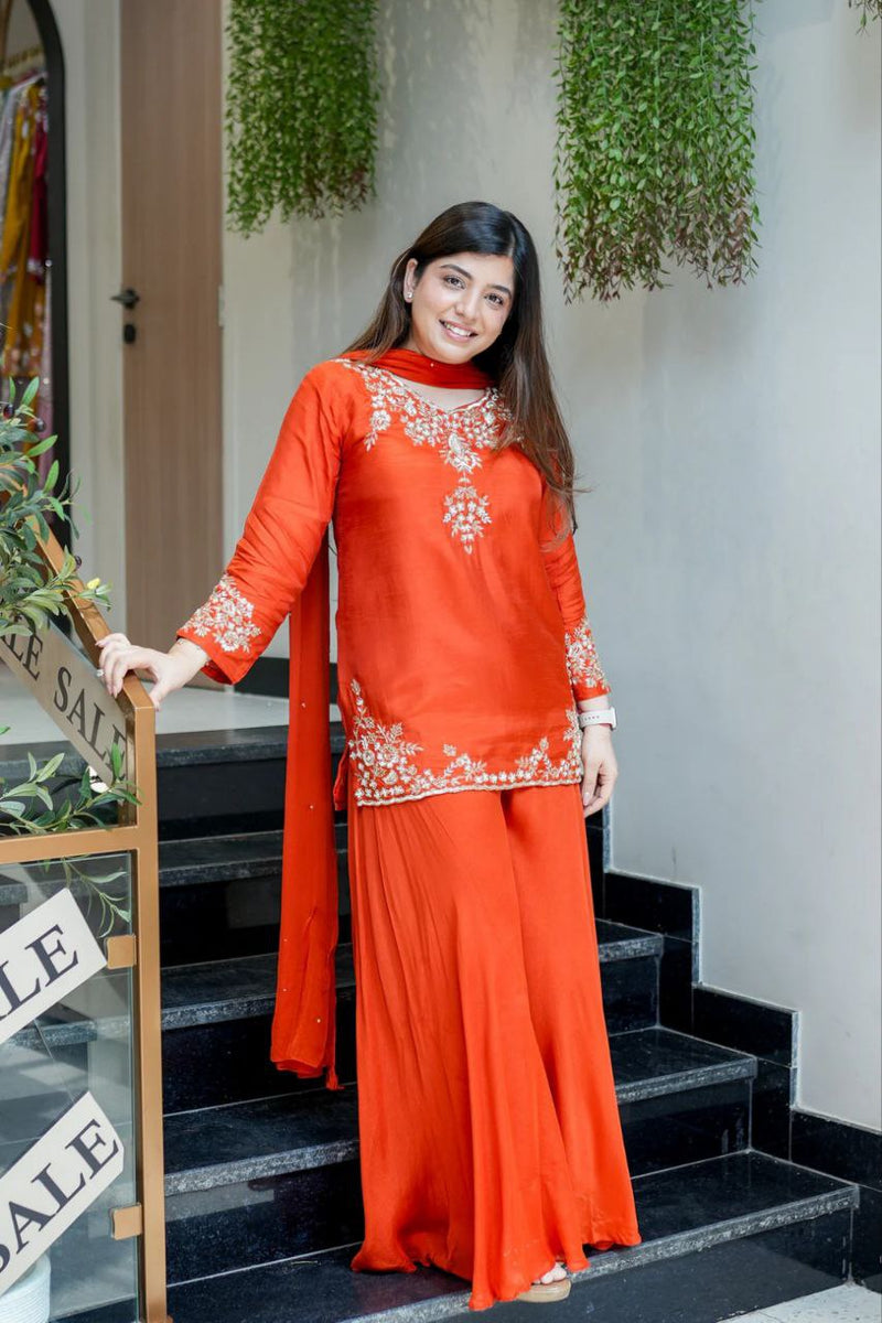 Elegant Sunset Orange Mul Chanderi Handcrafted Suit Set