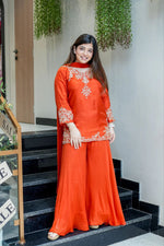 Elegant Sunset Orange Mul Chanderi Handcrafted Suit Set